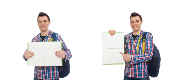 Estudante caucasiano sorridente com mochila e livro isolado no whi — Fotografia de Stock