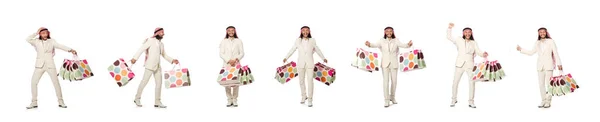 Uomo arabo con shopping bags su bianco — Foto Stock