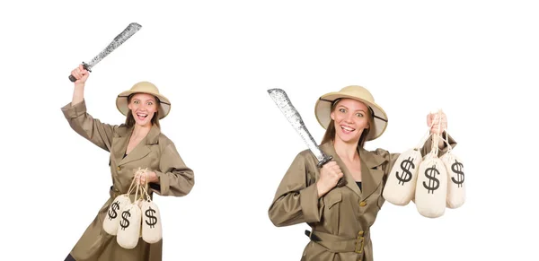 Woman wearing safari hat on white — Stock Photo, Image