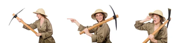 Woman wearing safari hat on white — Stock Photo, Image