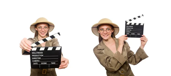 Femme portant un chapeau safari sur blanc — Photo