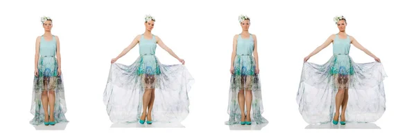 Kaukázusi modell kék virágos ruha elszigetelt fehér — Stock Fotó