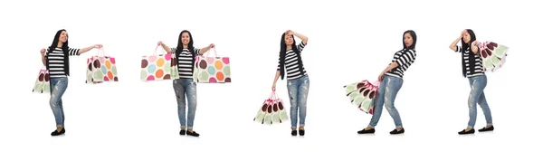 Donna con shopping bags isolata su bianco — Foto Stock