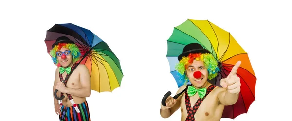 Clown with umbrella isolated on white — Stock Photo, Image