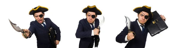 One eyed pirate with briefcase and sword isolated on white — Stock Photo, Image
