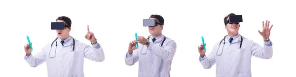 Doctor wearing a vr virtual reality headset isolated on white ba — Stock Photo, Image