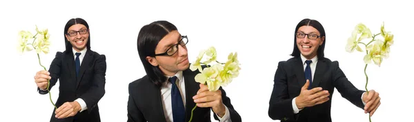 Bonito empresário com flor isolada em branco — Fotografia de Stock