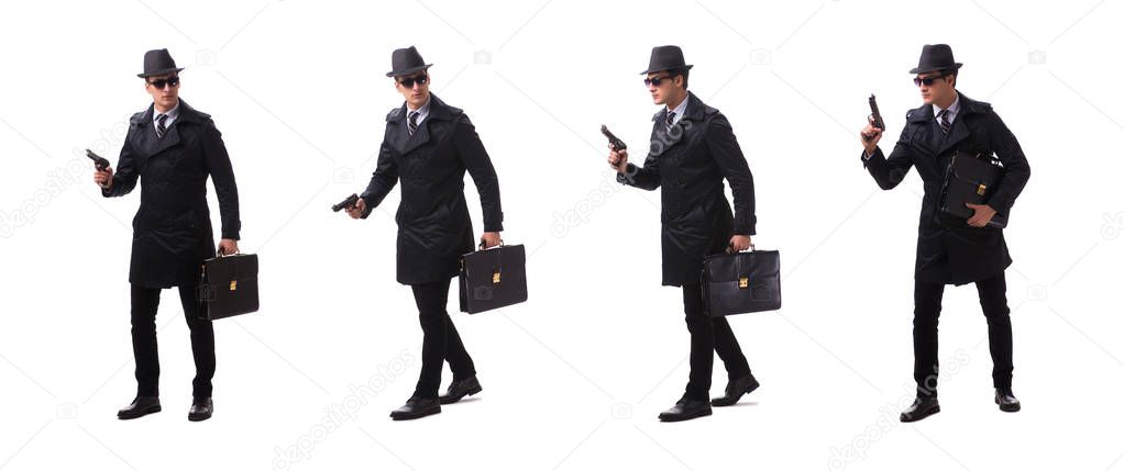 Man spy with handgun isolated on white background