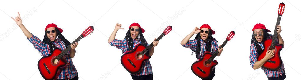 Man with dreadlocks holding guitar isolated on white