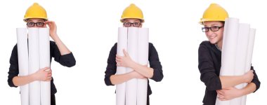 Blueprint-beyaz izole kadın mimar 