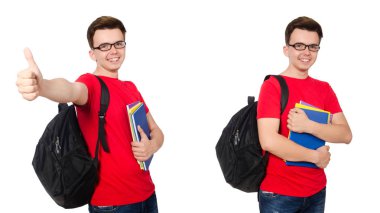 Sırt çantalı genç bir öğrenci beyaza izole edilmiş. 