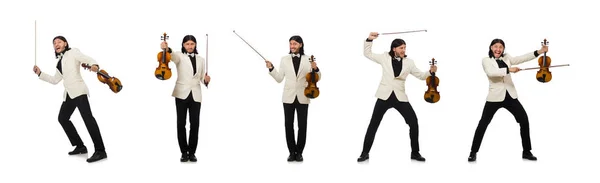 Человек со скрипкой играет на белом — стоковое фото
