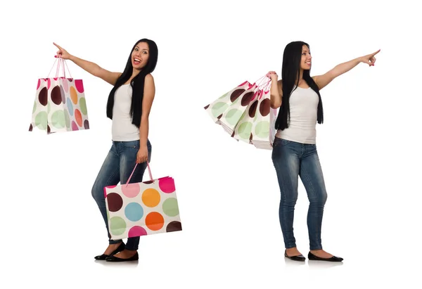Woman with shopping bags isolated on white — Stock Photo, Image