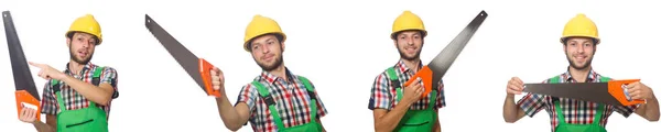 Industrial worker with saw isolated on white — Stock Photo, Image