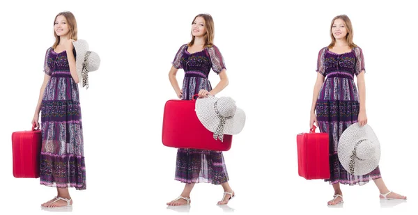 Mujer joven con maleta aislada en blanco —  Fotos de Stock