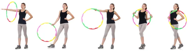 Giovane donna con hula hoop isolato su bianco — Foto Stock