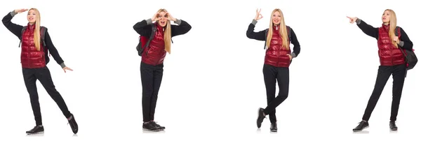 Young woman with backpack isolated on white — Stock Photo, Image