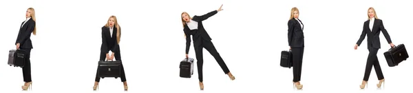 Zakenvrouw met koffer geïsoleerd op wit — Stockfoto