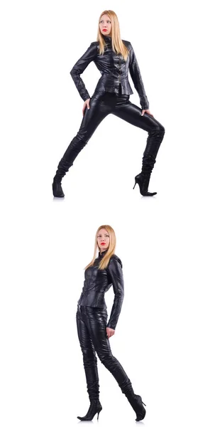 Tančící žena v černém koženém kostýmu — Stock fotografie