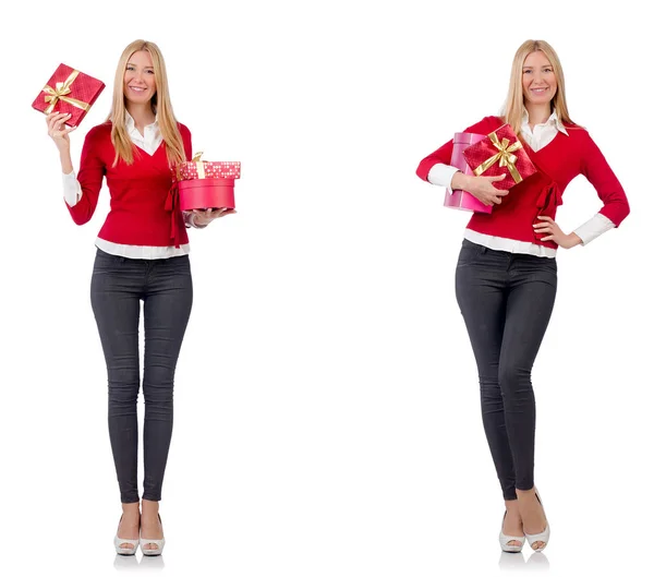 Hermosa mujer con cajas de regalo aisladas en blanco —  Fotos de Stock