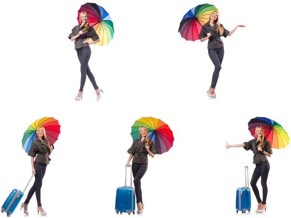 Woman with suitcase and umbrella isolated on white — Stock Photo, Image
