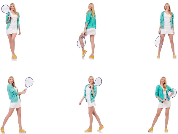 Young beautiful lady playing tennis isolated on white — Stock Photo, Image