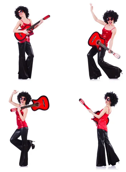 Woman in afro wig playing guitar — Stock Photo, Image