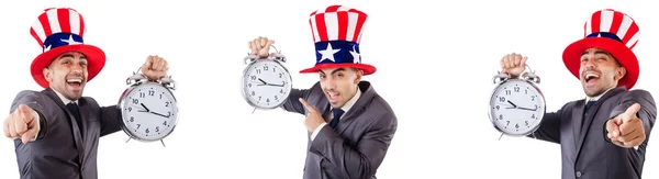 Hombre con sombrero americano en concepto de gestión del tiempo — Foto de Stock