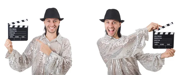 Joven con tablero de aplausos aislado en blanco — Foto de Stock