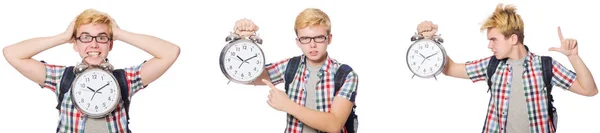 Мальчик с будильником в концепции управления временем — стоковое фото