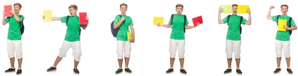Sırt çantalı ve notları beyaza ayrılmış genç bir öğrenci. — Stok fotoğraf