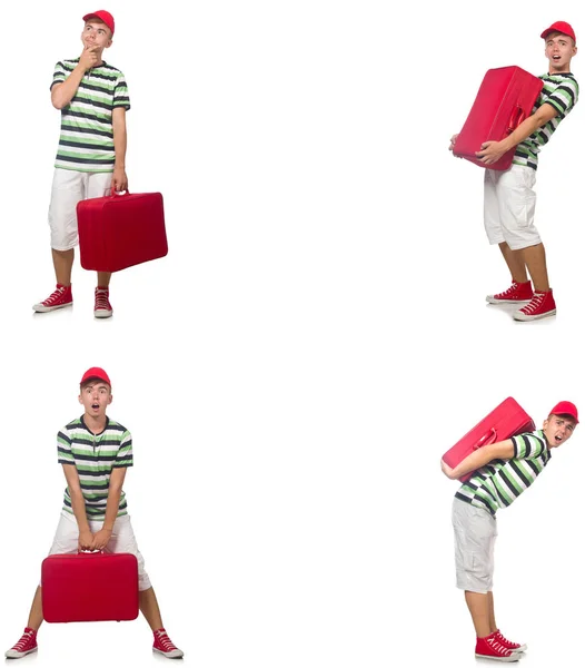 Ung man med röd resväska isolerad på vitt — Stockfoto