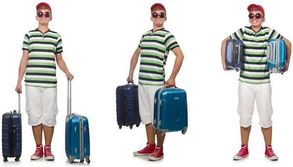Молодой человек с чемоданом изолирован на белом — стоковое фото