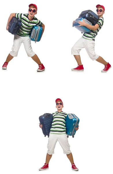 白で隔離の重いスーツケースを持った若い男 — ストック写真