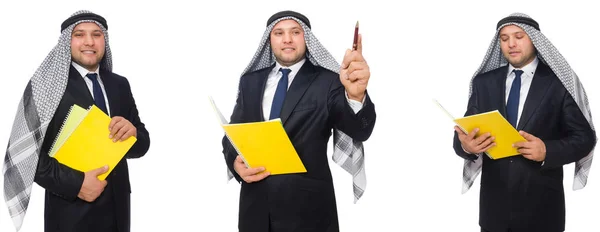 Arab businessman with notes isolated on white — Stock Photo, Image