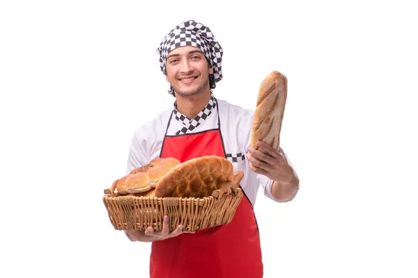 Jonge mannelijke baker geïsoleerd op wit — Stockfoto