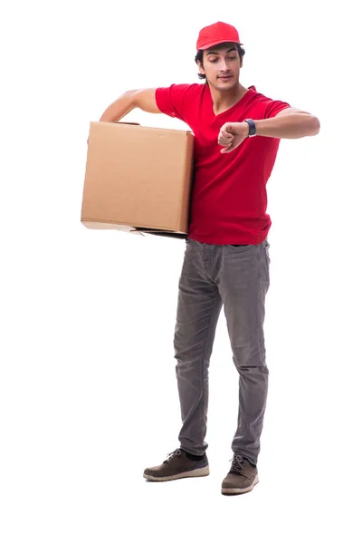 Jonge mannelijke courier met box — Stockfoto