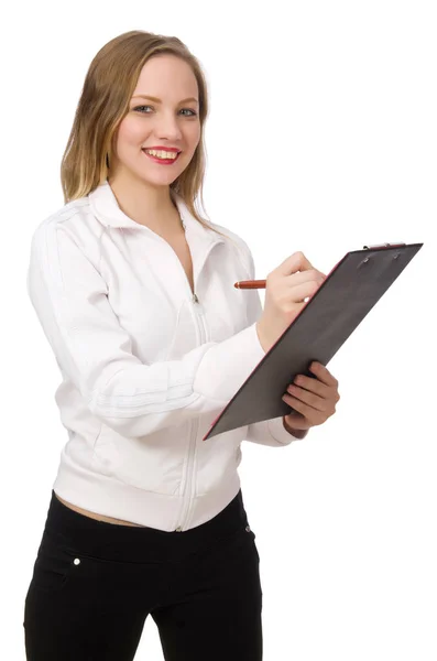 Mujer con traje deportivo aislado en blanco — Foto de Stock