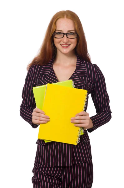 Young woman in purple costume with notes — Stock Photo, Image