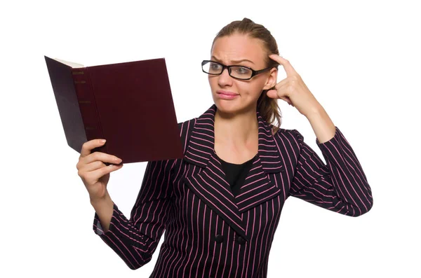 Mujer joven en traje púrpura sosteniendo libros —  Fotos de Stock