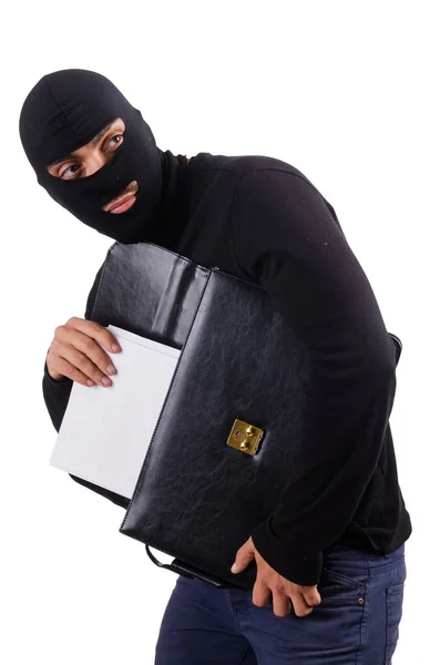 Muž zloděj s kufrem izolované na bílém — Stock fotografie