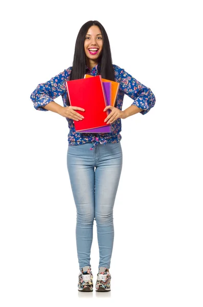 Latijnse vrouw met notities geïsoleerd op wit — Stockfoto