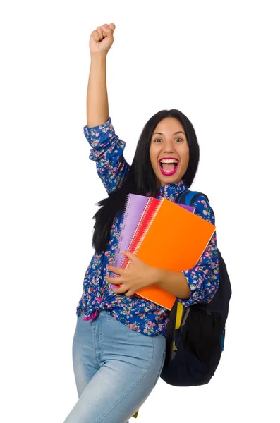 Latin woman with notes isolated on white — Stock Photo, Image