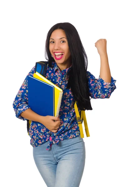 Mujer latina con notas aisladas en blanco —  Fotos de Stock