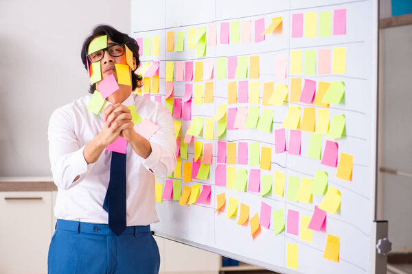 Young employee in conflicting priorities concept 