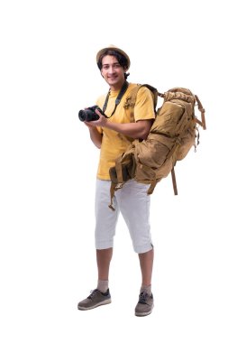 Genç yakışıklı turist üzerinde beyaz izole 
