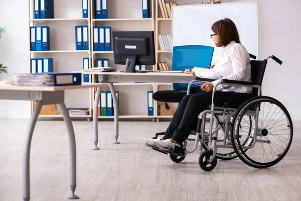 Сотрудница в инвалидной коляске в офисе — стоковое фото