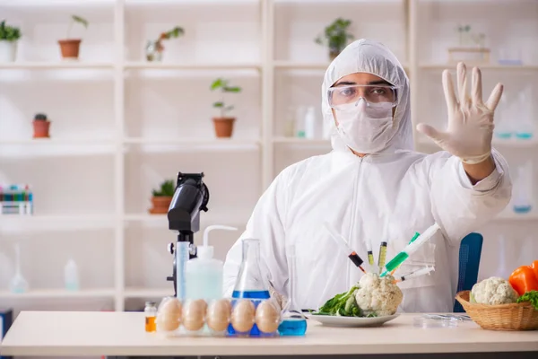 Científico trabajando en laboratorio sobre frutas y verduras transgénicas —  Fotos de Stock