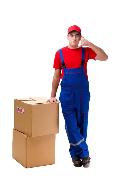 Young male courier with box isolated on white — Stock Photo, Image