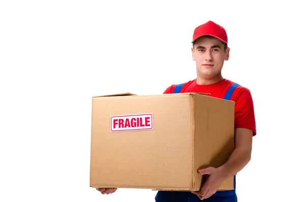 Mladý muž courier s box izolované na bílém — Stock fotografie